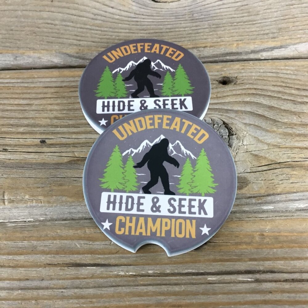 Big Foot Undefeated Hide & Seek Champion Car Coasters Set of 2